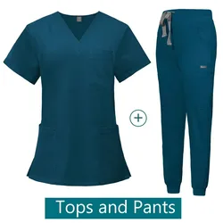 Women's Multicolor Medical Scrub Set - V-neck Top & Jogger Pants - M (Azure blue)