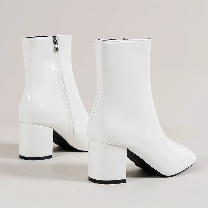 White Ankle Boots for Women Side Zipper Stretch Middle Heel