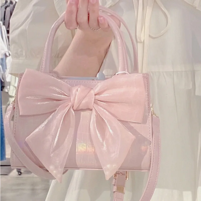 

Xiuya Pink Bow Womens Handbag Elegant Gentle Sweet Cute Small Square Fashion Shoulder Bag Casual Leather Exquisite Female Bag