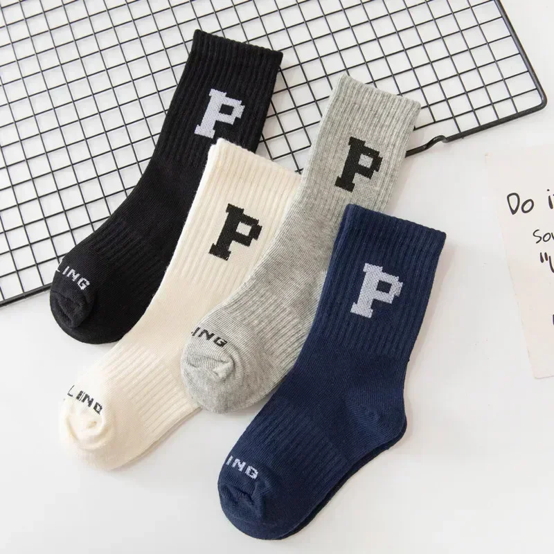 Spring Autumn Kids Boys Girls Sport Socks Fashion Simple Letter P Calf Socks for Children Soft Cotton Breathable Calf Stockings