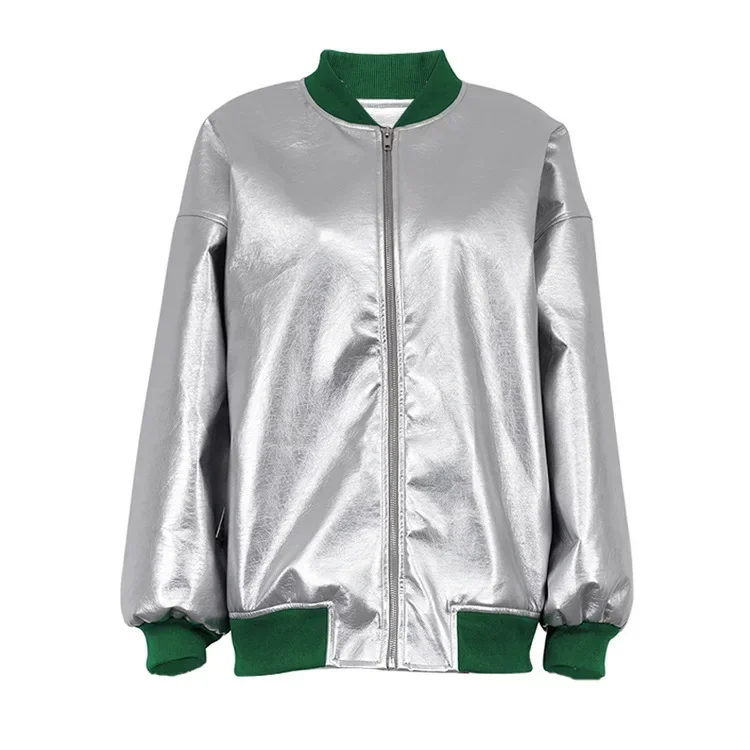 Sliver Pu Leather Jackets for Women Winter Stand Collar Long Sleeve Jacket Streetwear Patchwork Zip Coat Female