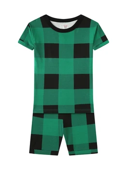 【 Bulk Discount 】Green Checkered Cotton Pajamas Soft Unisex Children's Sleep Clothes  Short Sleeve Summer Home Outfit 2-8 Years