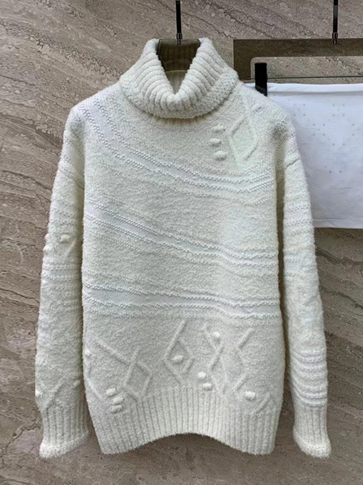 

Vintage geometric pattern cashmere turtleneck loose sweater women's new fall/winter fashion all-match knitted pullover