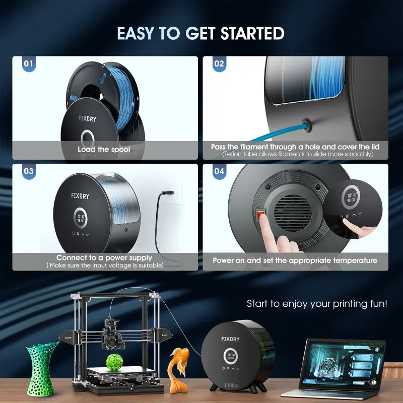 FIXDRY 3D 프린터 필라멘트 건조기 박스, 360 ° 서라운드 가열, 실시간 습도 온도 모니터링 지지대, 1.75, 2.85, 3mm 필라멘트