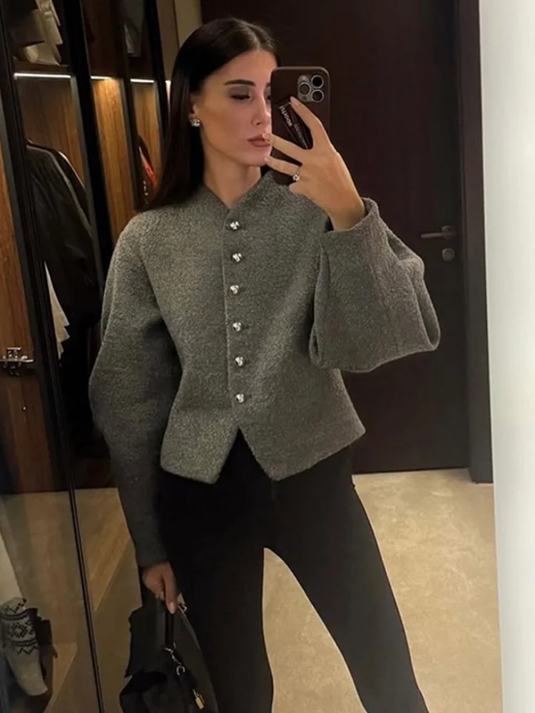 Fashion Solid Women Single Breasted Wool Coat Elegant Round Neck Long Sleeves Slim Short Jacket 2025 New Female Office Overcoat 5