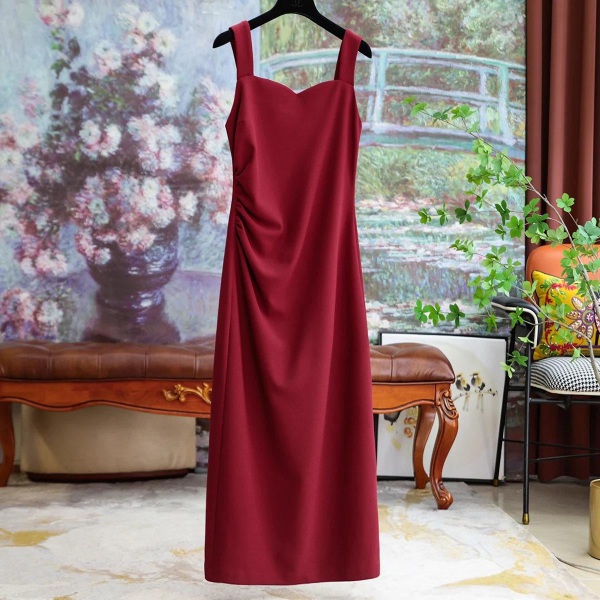 

The Fashionable Hundred Matching Slim Peach Heart Collar Side Split Dress Spring Fall New Sexy Formal Occasion Bottoming Dresses