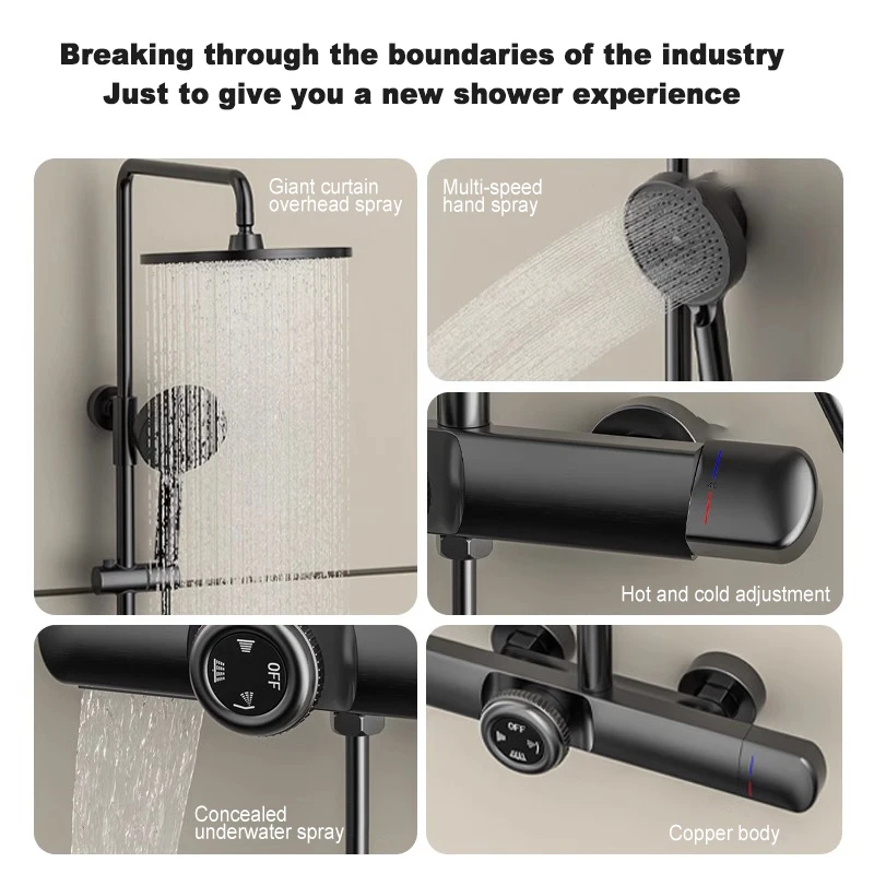 Thermostatic Shower Set Intelligent Three-Speed Home Wall-Mounted Shower Copper Shower Booster Waterfall Faucet 4