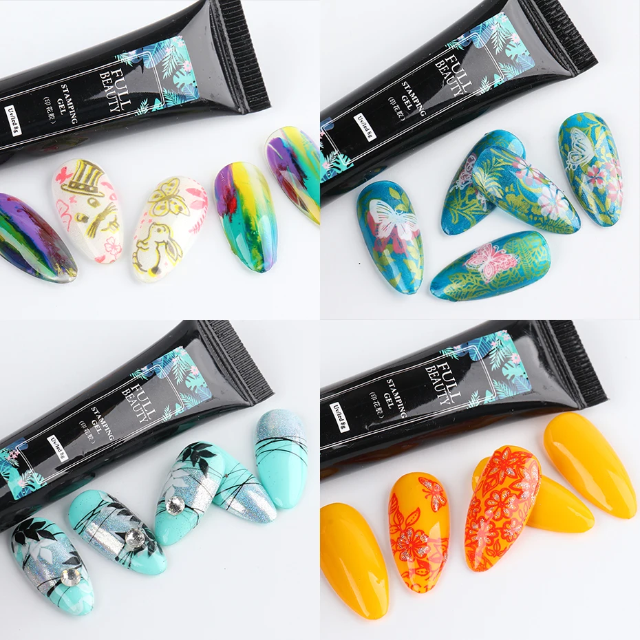 6pcs Nail Stamping Gel Polish Colorful Black White Transfer Template Poly Gel Painting Hybrid Varnish Soak Off Manicure Decor