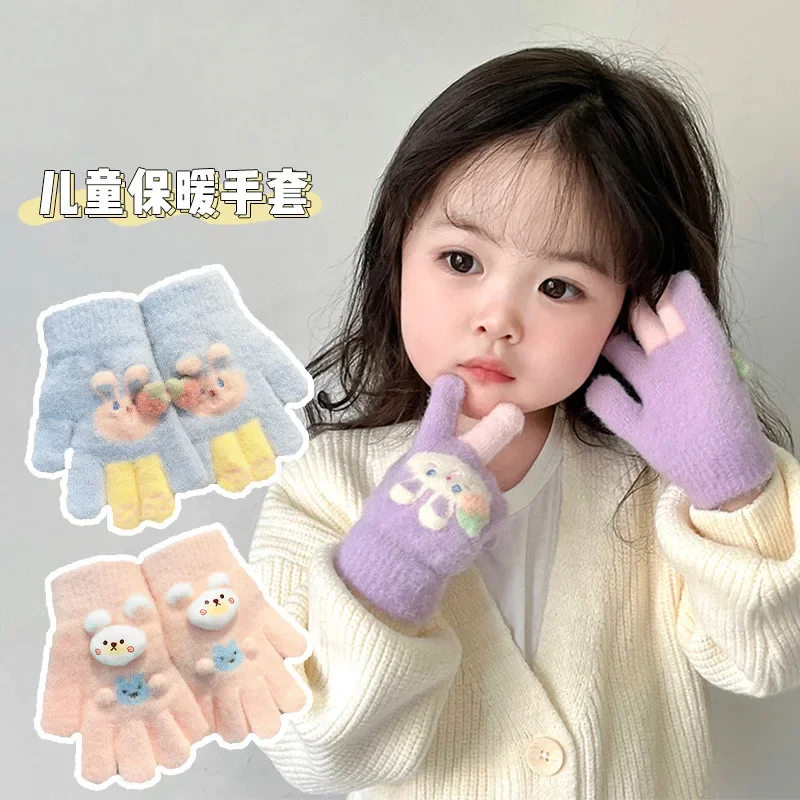 Winter Children's Gloves Keep Warm and Windproof, 1-year-old Baby 2 Boys and Girls Cute Cartoon Knitted Wool with Five Fingers 2022 almudena little girls autumn winter children slippers cotton padded shoes keep warm non slip cute rabbit plush cotton kids