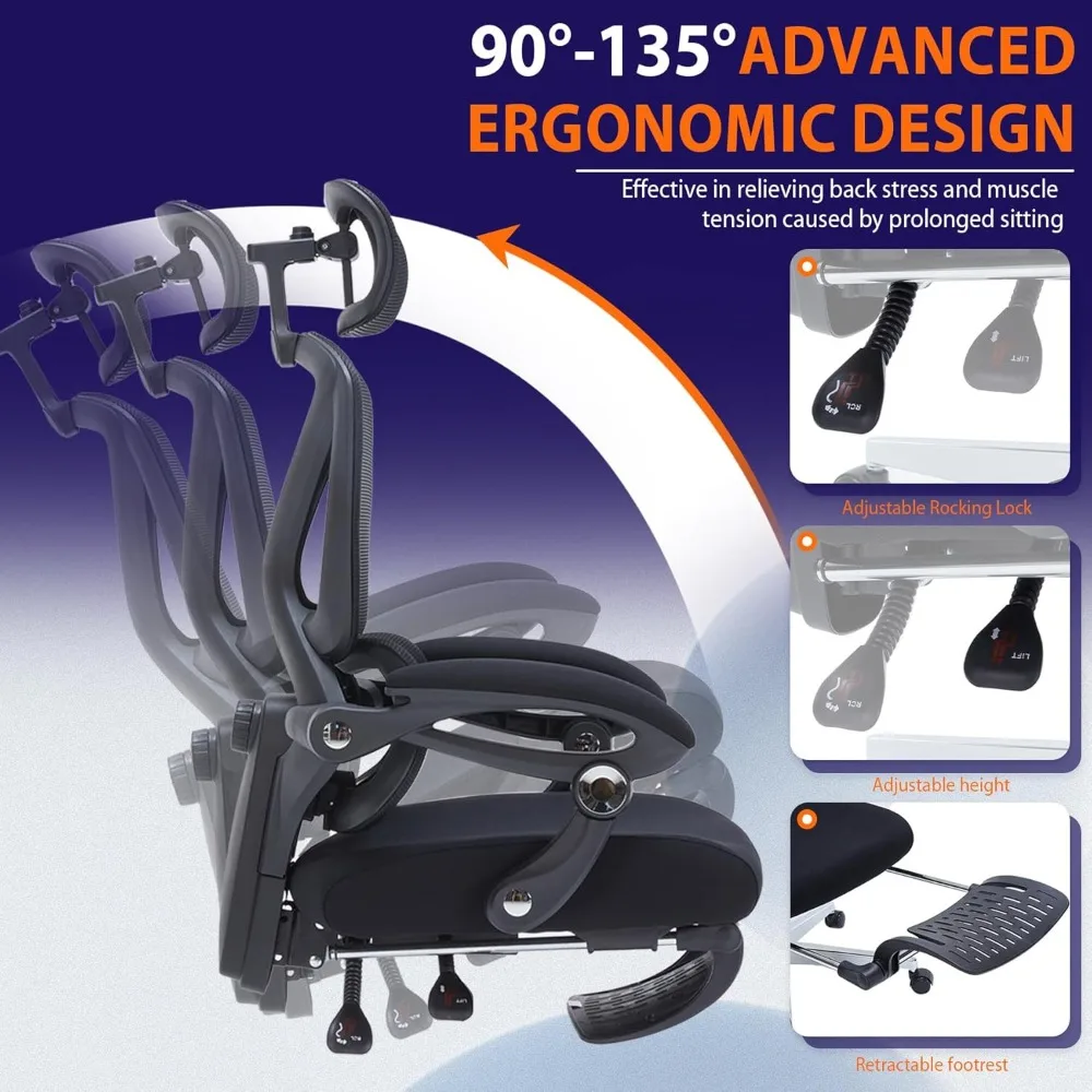 Ergonomic Office Chair, Home Office Desk Chairs with Foot Rest,High-Back Mesh Computer Desk Chair with Adjustable Lumbar Support 4
