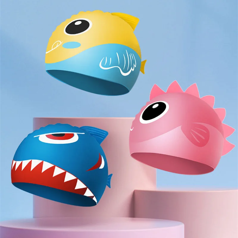 Bonito dos desenhos animados dinossauro crianças bonés de natação meninos meninas natação boné macio silicone alto elástico à prova dwaterproof água crianças natação boné