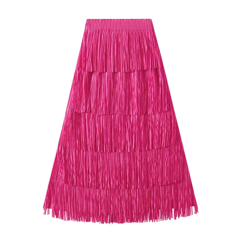 

2023 Fringe Trim Long Skirts Women Elastic High Waist A Line Skirt Flowy Swing Tiered Skirts Female Clothing
