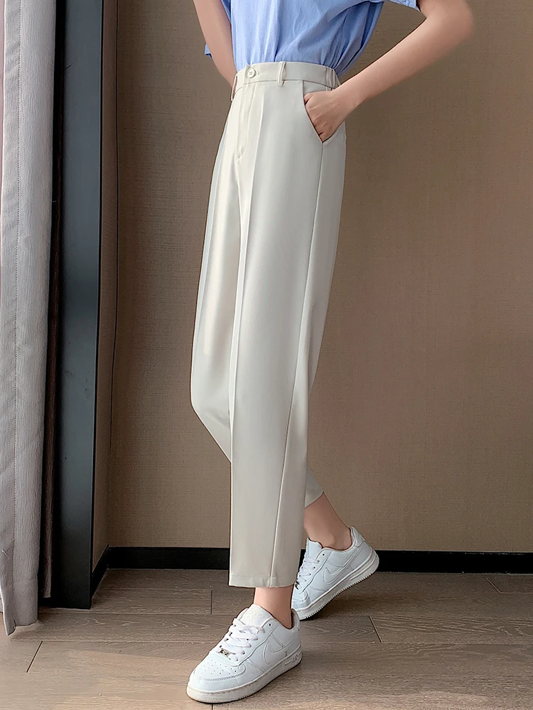 Elegant Ladies Suits Pants For Women Korean Fashion Back Elastic Band Harem Office Work Pants With Pocket Black Beige Baggy Pant