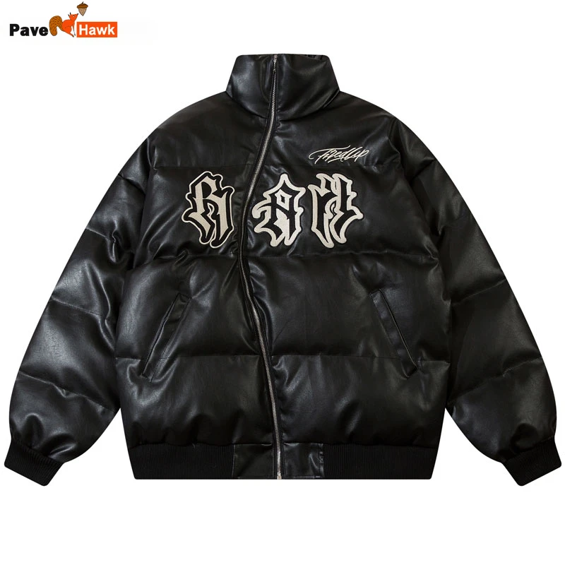

Winter Leahter Jacket Parkas Streetwear Hip Hop Embroidery Letter Irregular Zipper Waterproof Padded Parka 2023 Thick Warm Coat