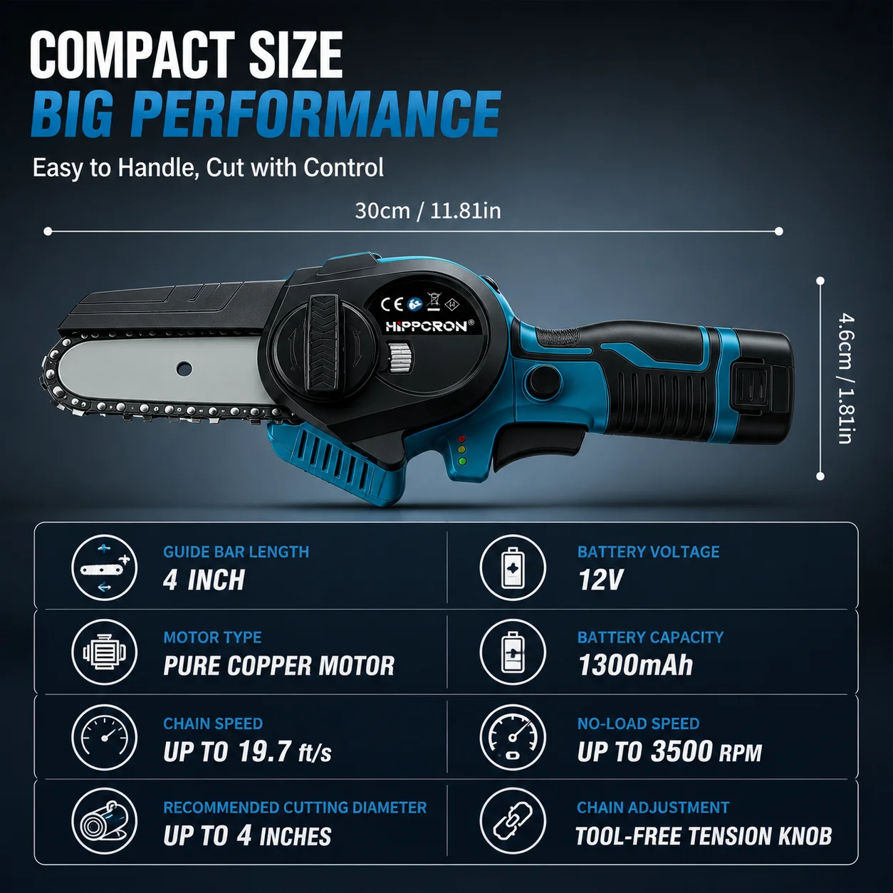 HIPPCRON 3500RPM 4인치 무선 전기톱 충전식 브러시리스 전기 전정톱 나무 가지 절단용