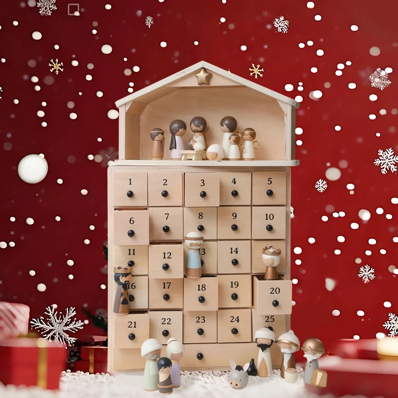 The Rescuer Nativity Advent Calendar - 25-Drawer Wooden Chest Paper Drawers & 30pcs Resin Keepsake Figurine for Kids Family Gift