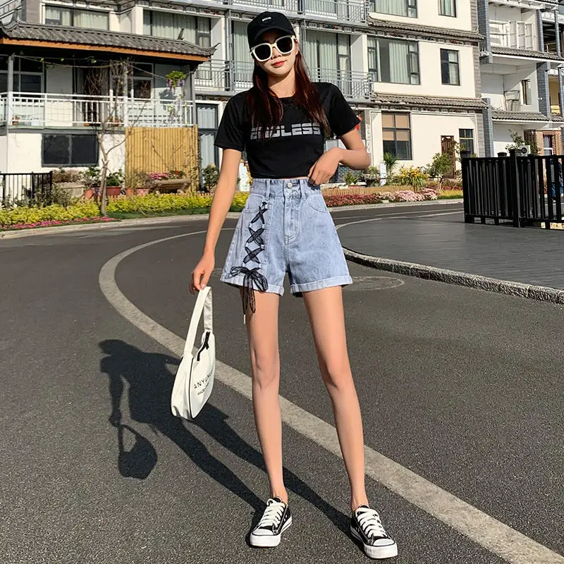 Denim Shorts Strap Double Buckle Flanging High Waist Female Summer Joker Trend Korean Fashion Light New.