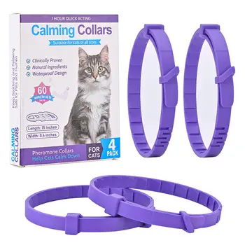 4pcs Cat Calming Collar–Lavender Scent, 60-Day Pheromone Relief for Stress/Scratching, Adjustablefor Cats (Travel/Vet Visits)