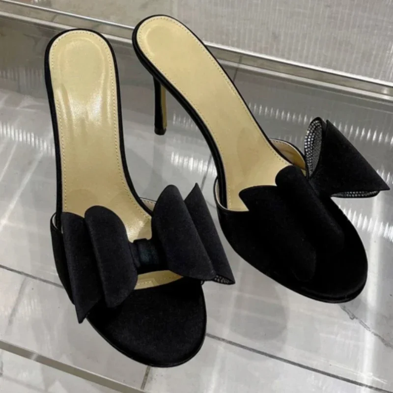 Women's Slippers Europe and America 2024 Spring/Summer New Fashion Diamond Bow High Heel Elegant Sexy Slim Heel Open Toe Sandals