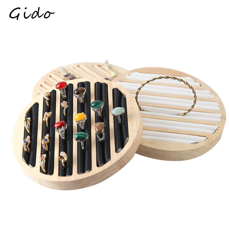대나무 우드 링 스탠드 링 디스플레이 트레이 라운드 6 긴 슬롯 팔찌 트레이 링 가죽 상감 보석 저장 AliExpress