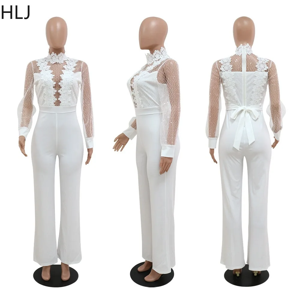 HLJ Sexy Mesh Sequin Perspective Party Club Jumpsuits Women Round Neck Long Sleeve Slim Playsuits Female Solid One Piece Overall