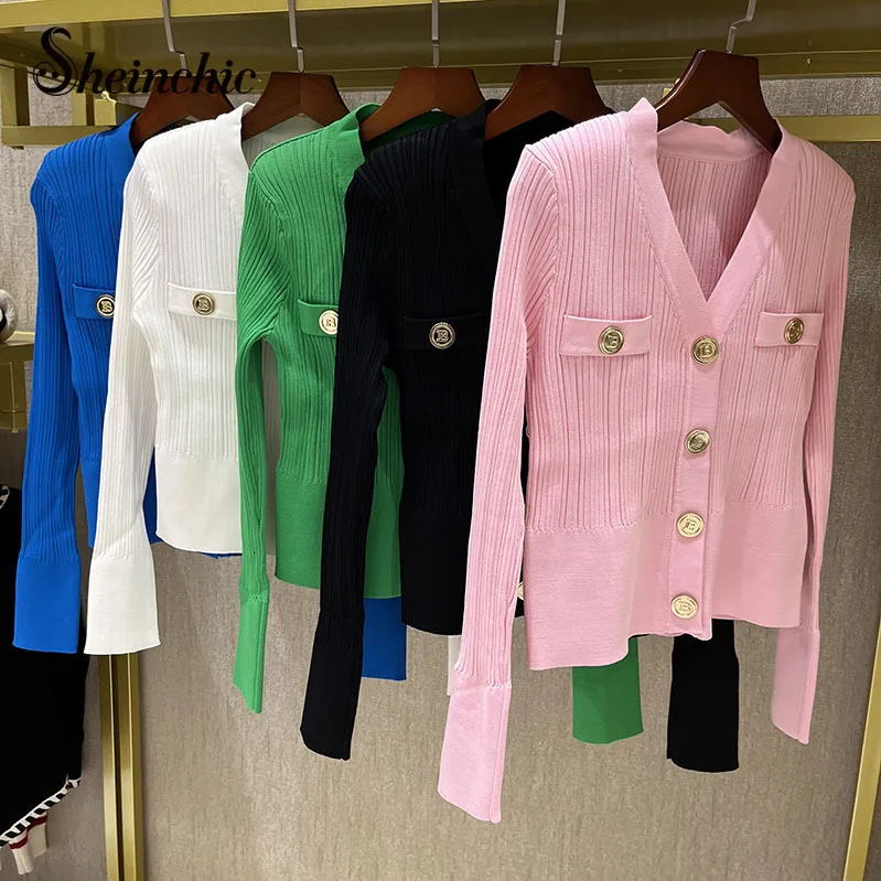 

Designers New Autumn Clothes for Women 2022 Elegant Gold Buttons Knitted Sweater Women Casual V-neck Long Sleeve Top Mujer