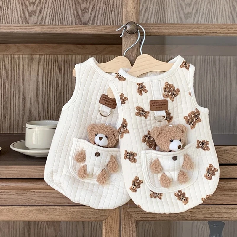 

White Bear Printed Pet Cotton Jacket Can be Used to Tow Small Dog Winter Clothing Teddy's Warm Coat Cartoon Dog Clothes
