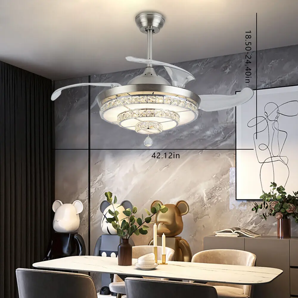 

42 inch Ceiling Fan Light Modern LED Crystal Chandelier Bedroom 3 Color Light with Remote Control 36W