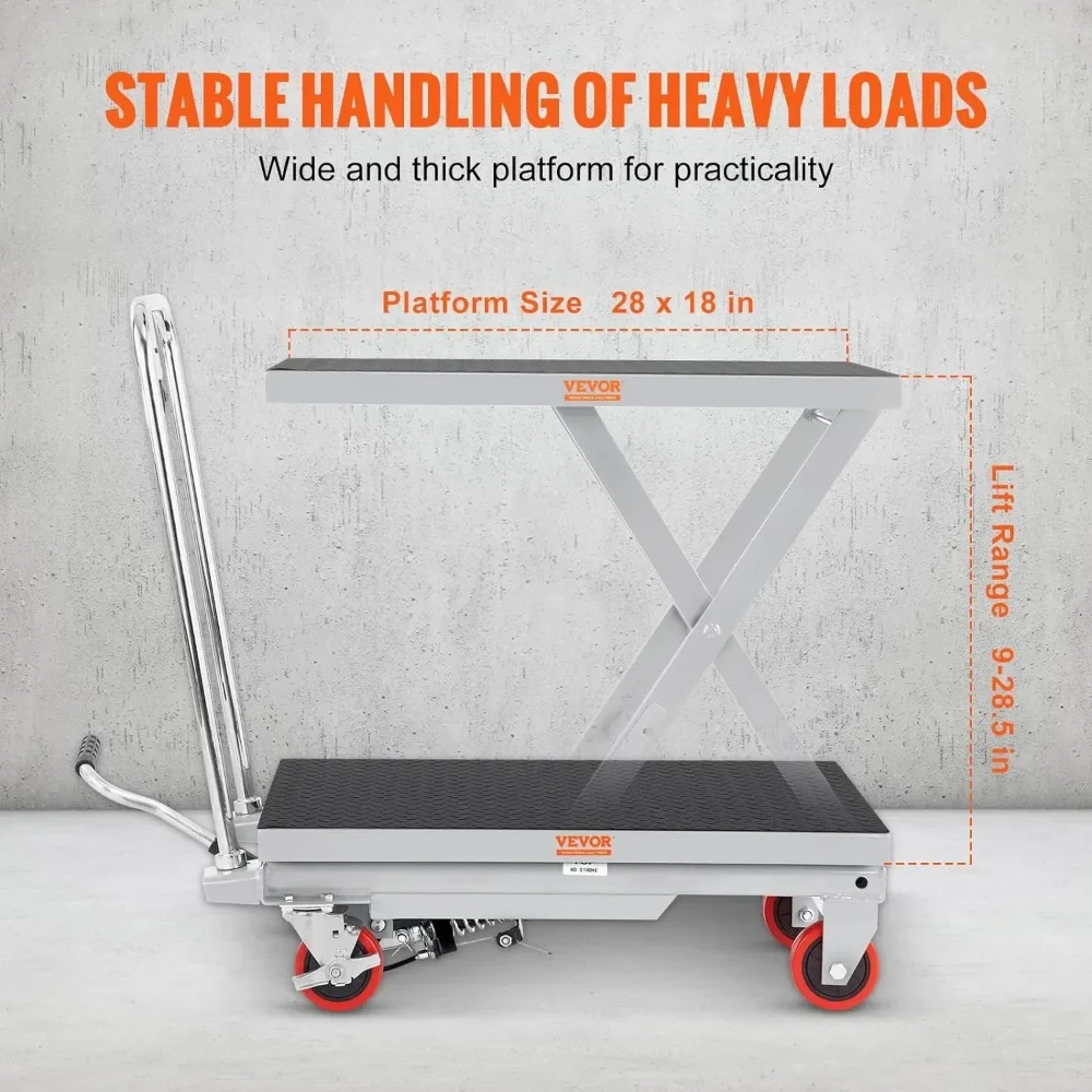 Hydraulic Lift Table Cart 500lbs Capacity 28.5" Lifting Height Manual Single Scissor Lift Table with 4 Wheels and Non-Slip Pad 3
