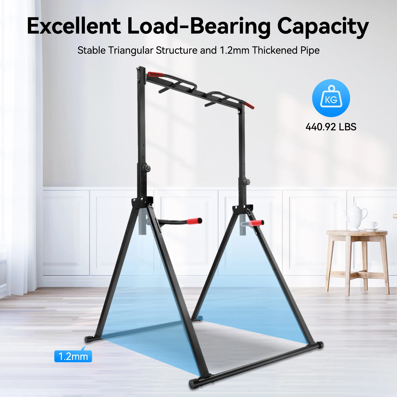 Pull Up Bar Dip Station 2 in 1 Adjustable Height 5.7-7.5ft Foldable Home Gym Equipment 440LBS Capacity for Calisthenics Workout