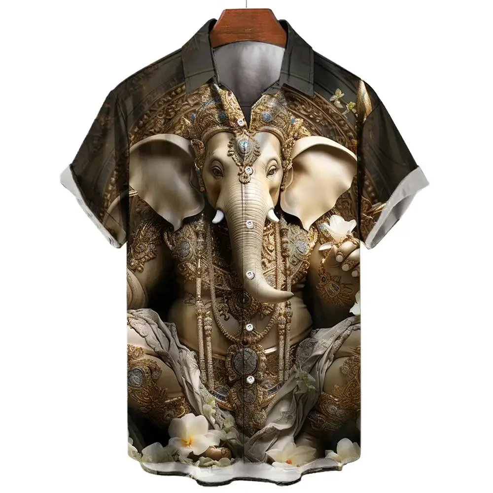 thumbnail image 1 of Camiseta de manga corta con estampado 3D de elefante para hombre, camisa informal personalizada de calle con cuello vuelto y botones, verano 2024, 1 of 5