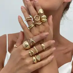 Elegant Retro Silver Rings Set: Gothic Chunky Hollow Adjustable Jewelry for Women and Men - 14 Pieces (Gold Color)