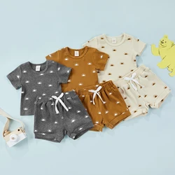 Vêtements d'été en coton pour bébés, tenue unisexe, manches courtes, imprimé soleil, côtelé, hauts tricotés, pantalons courts 
