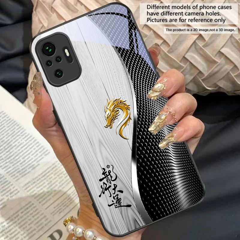 Elegant Black Tempered Glass Phone Case with Traditional Dragon Totem Design