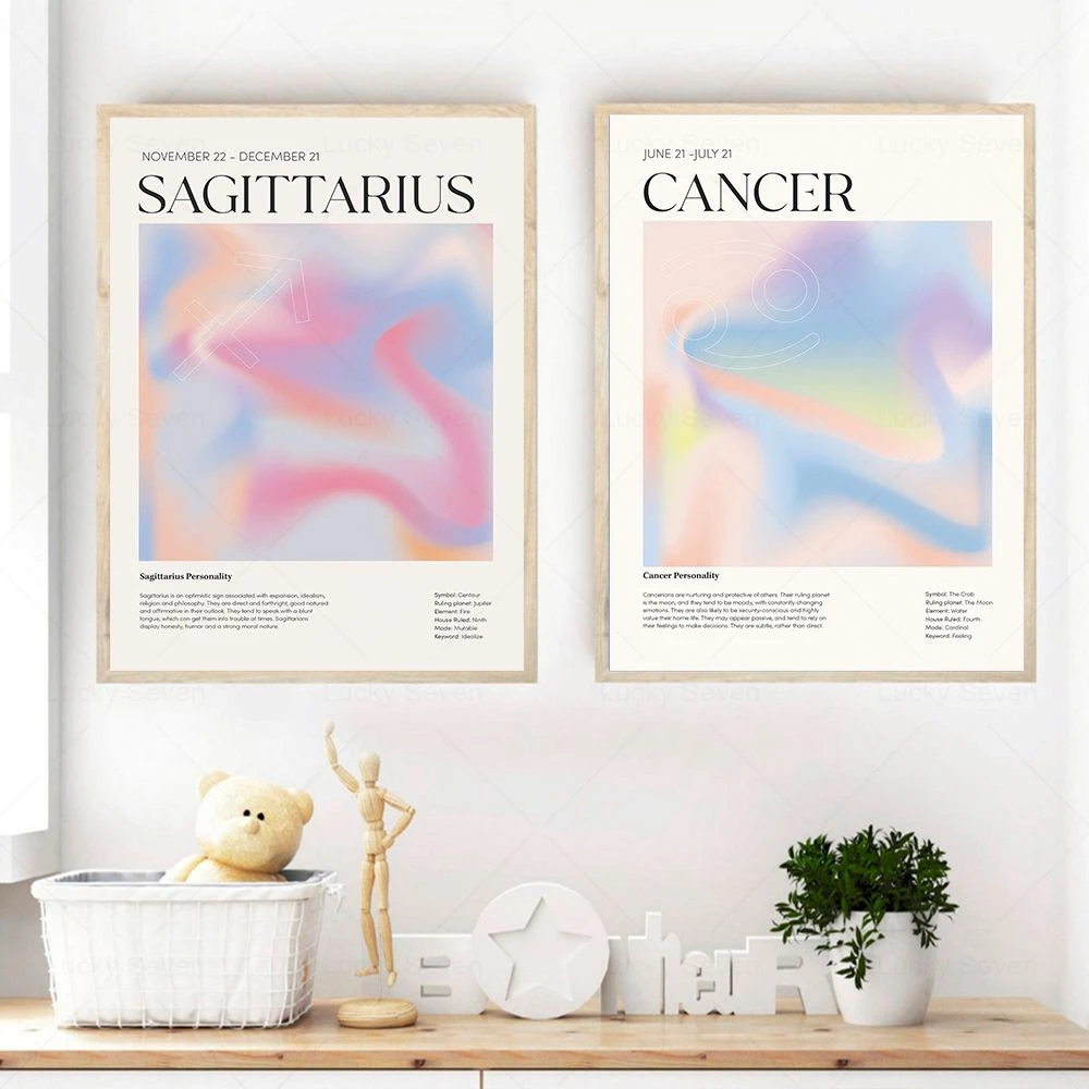 Retro Zodiac Constellation Nursery Wall Art Canvas Poster Prints Astrology Sign Gradient