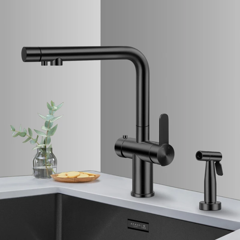 

Faucet, kitchen sink, hot and cold, clean 3-in-1 with high-pressure spray gun, splash-proof universal pull-out