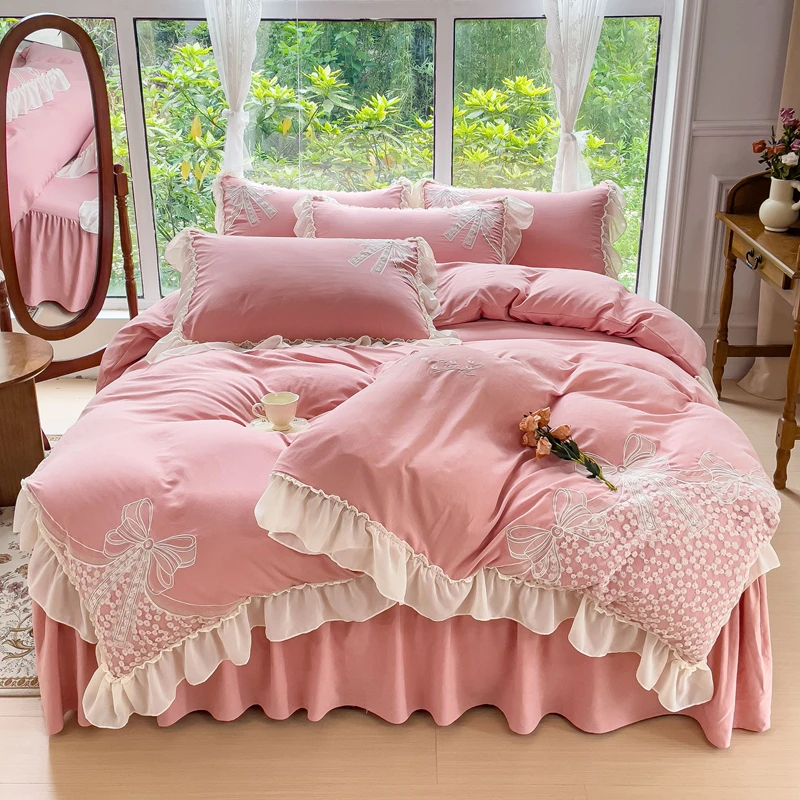 

Korean Princess Style Bedding Set Bow Embroidery Flowers Lace Ruffles Duvet Cover Bed Skirt Or Bed Sheet Fitted Sheet Pillowcase