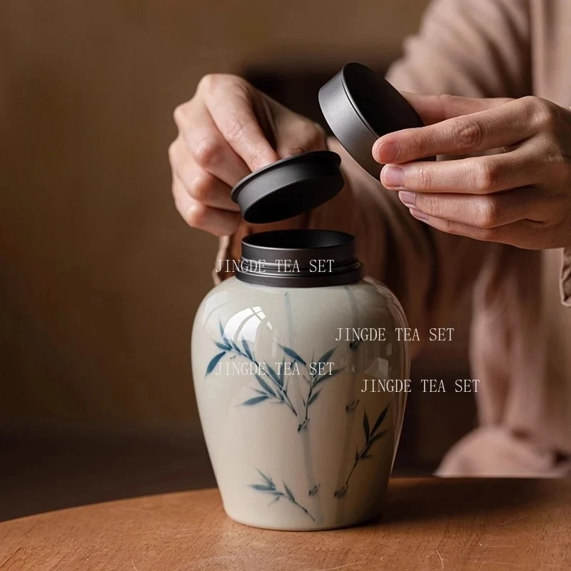 550ml Hand Drawn Orchid Ceramic Tea Sealed Jar with Grass and Ash Chinese Style Tin Lid Moisture-proof Large Storage Jar