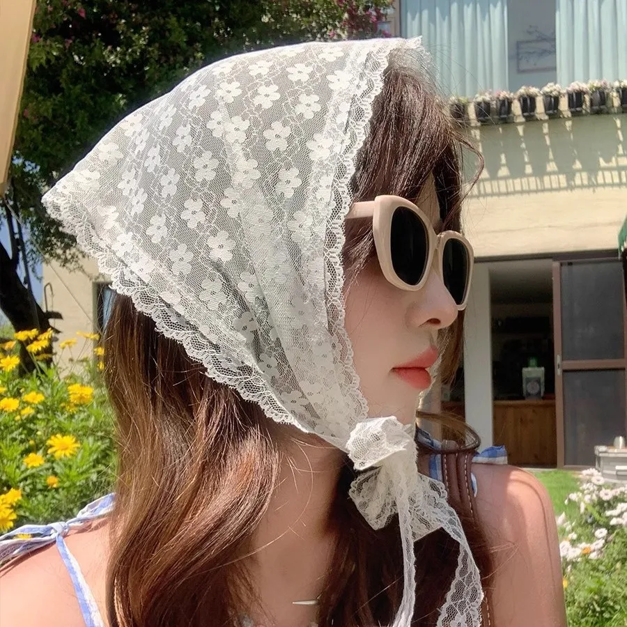 Elegant Lace Floral Hair Scarf - Triangle Headscarf  Sunscreen Travel Headband