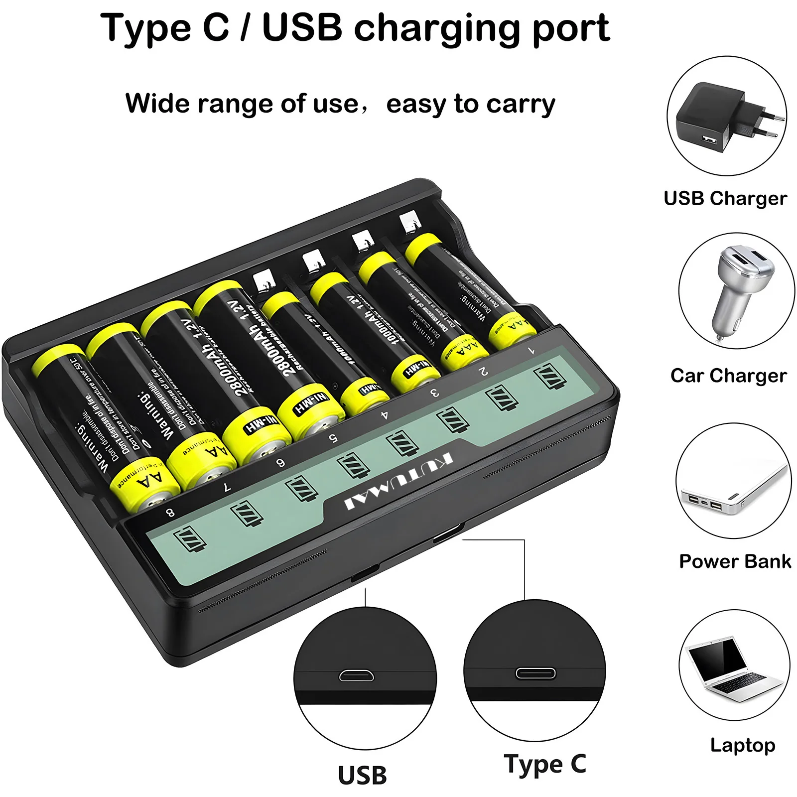 LED 디스플레이 및 USB 포트 배터리 충전기, Ni-MH Ni-Cd 배터리용 고속 충전, 배터리 미포함, 1.2V AA, AAA, 8 슬롯