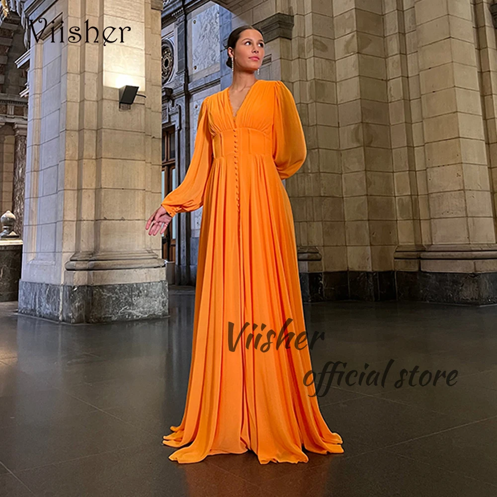 

Viisher Orange Lace Chiffon Evening Dresses for Women Long Sleeve V Neck Prom Party Dress Arabian Dubai Formal Occasion Gowns