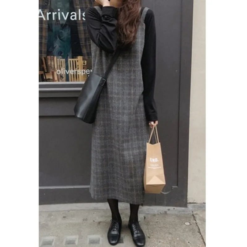 

Autumn And Winter New 2023 Fashion Fresh And Cute Style Korean Long Sleeve Dress Women's Fashion Casual Retro Plaid Sling Dress