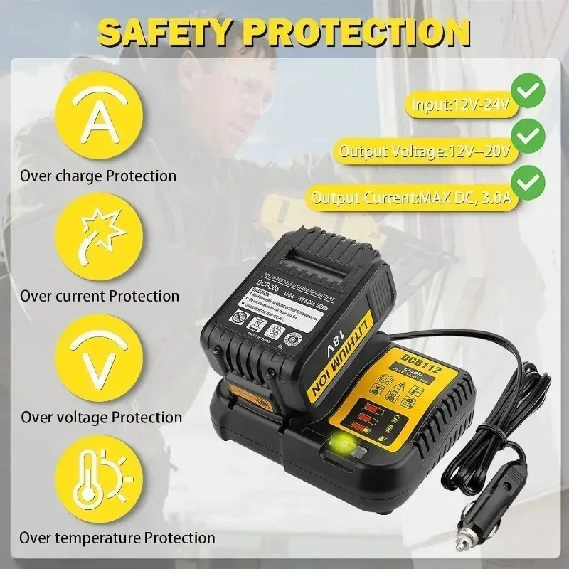DeWalt 12V/20V 리튬 이온 배터리용 휴대용 DCB112 차량용 충전기, DCB200 DCB612용 시가 라이터 플러그 LED 표시등 포함