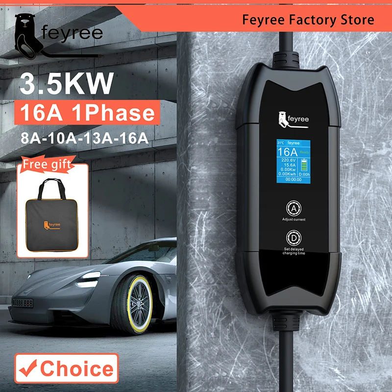 

feyree EV Portable Charger Type2 / GB/T Plug Connector 16A 1Phase 3.5KW Type1 3.5m Wallbox Charging Station for Electric Vehicle