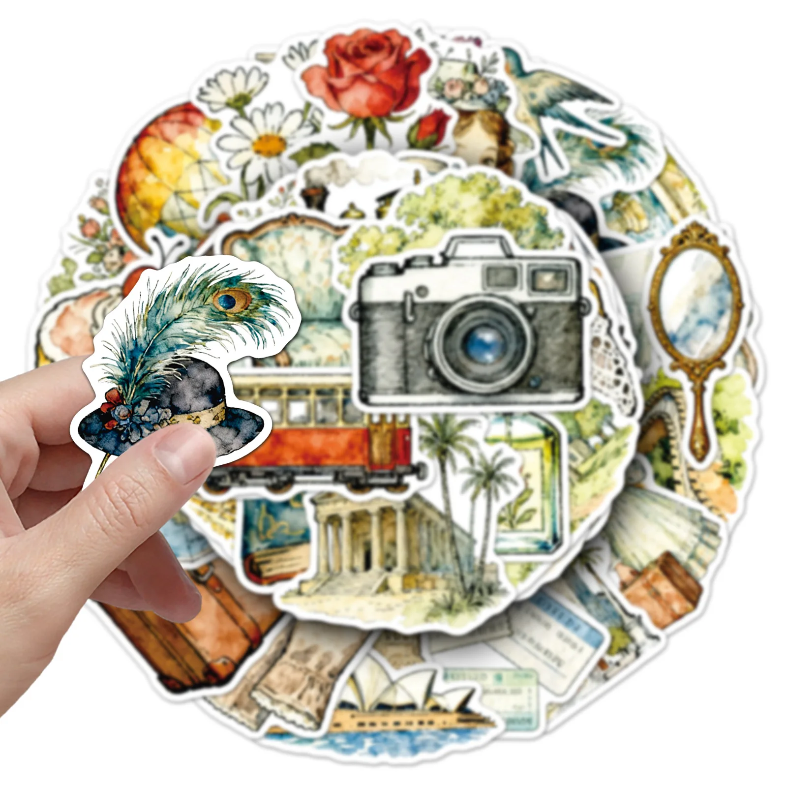 50Pcs 레트로 여행 소녀 그림 아트 스티커 데칼 노트북 스크랩북 수하물 기타 헬멧 DIY 낙서 미적 스티커