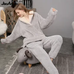 Winter Warm Pajamas Women's Solid Coral Fleece Pijamas Trousers Two-piece Korean Fashion Plus Size Sleepwear Home Clothes Suit
