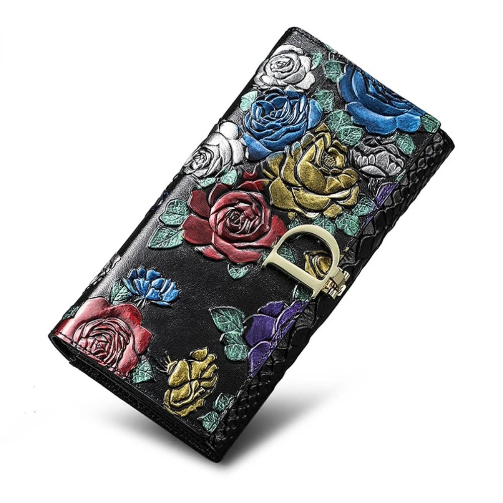 Genuine Leather Long Lady's Wallet Vintage Ethnic Style Purse Mobile Phone Bag