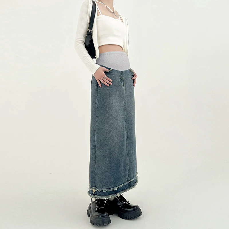 Tassel Denim Maternity Long Skirts Spring Summer Casual Pencil Skirts Clothes for Pregnant Women Pregnancy Straight Daily Wear