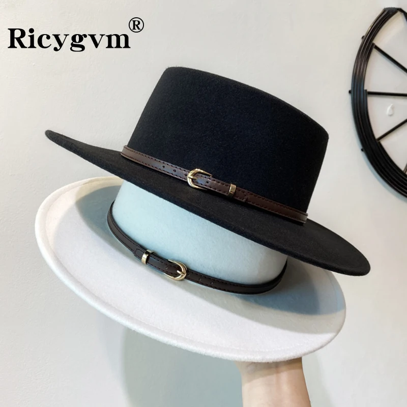 Fashion Hat Women Fedora Chic Belt Buckle Decorated Flap Brim Felt Hat Retro British Jazz Casquette Winter Autumn Wool Warm Boater Cap