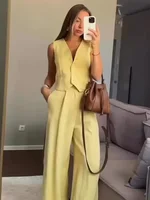 Ensemble gilet et pantalon en coton et lin pour femmes, respirant, sans manches, col en V profond, coupe ample, tenue décontractée pour les déplacements quotidiens, 2025 1